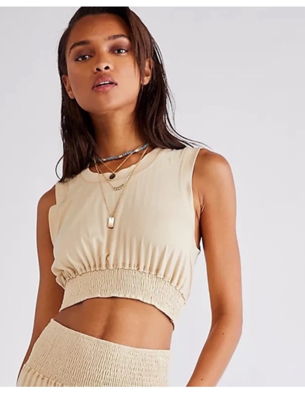 Free People Beach / Morning Side Smocked Hem Crop Tank in taupe